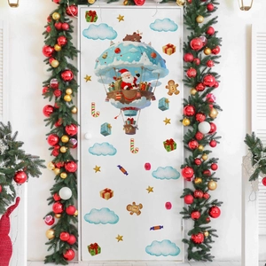 Christmas Santa Claus on hot air balloon wall stickers with stars and gift decorations