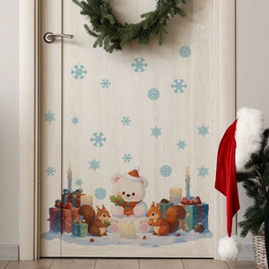 Christmas wall stickers with cartoon bear, squirrels and gift boxes on a wooden door