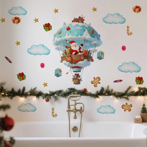 Detail of Christmas Santa in blue hot air balloon wall sticker on white tiles