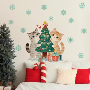 Cartoon Christmas cats and tree wall stickers for cozy kids bedroom holiday decoration