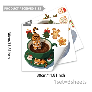 Cartoon Christmas wall stickers set with tigers, gingerbread men and snow trees