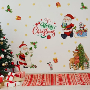 Creative watercolor Santa Claus and reindeer wall decals for Christmas home decor