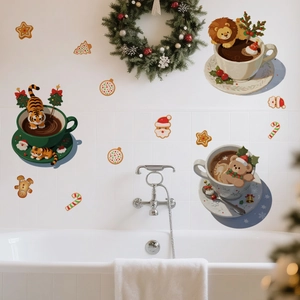 Detail of Christmas animal wall stickers featuring a lion, tiger, and bear in mugs on tiles