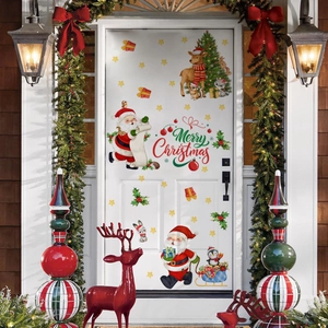 Detailed Christmas wall stickers showing Santa Claus and reindeer on a white door