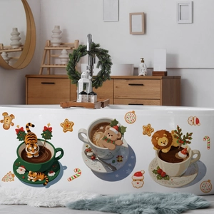 Detail of Christmas cartoon animal stickers applied to a bathtub for festive home decor