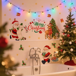 Detailed view of Santa and reindeer decals applied to bathroom tiles with festive lighting
