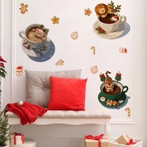 Christmas wall stickers with cartoon animals in coffee cups for festive home decoration