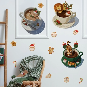Detailed Christmas wall stickers featuring cartoon animals in coffee cups and festive cookies
