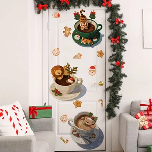 Detailed Christmas door stickers featuring cartoon animals in coffee cups and festive decor