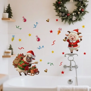 Cartoon Christmas wall stickers featuring festive sheep and gnomes on a white tiled wall