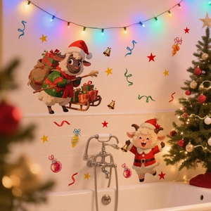 Detail of Christmas wall decals with festive sheep and gift boxes on white tiles