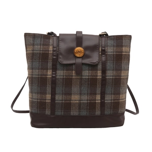 Retro plaid tote bag with brown leather trim and golden N-buckle for winter fashion