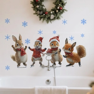 Winter holiday wall stickers with cute animals and snowflakes on white bathroom tiles