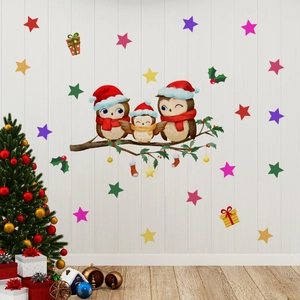 Detailed Christmas owl family wall decals on white wood texture background decor