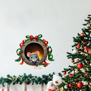 Close-up of cute cartoon squirrel wall sticker in tree hole with festive ribbons