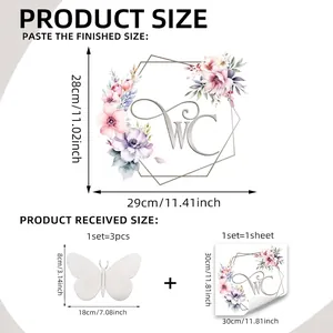 Floral wall sticker with purple butterflies and WC lettering in 30x30cm size