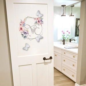 Floral vine WC door sticker set with 3D silver butterflies for home wall decoration