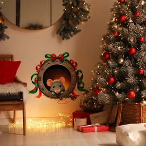 Detailed view of 3D Christmas mouse hole wall sticker with festive ribbon on cozy wall