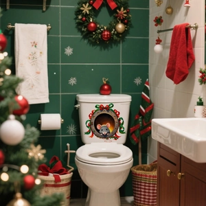 3D Christmas wall sticker featuring a cute cartoon mouse in a festive green wreath hole