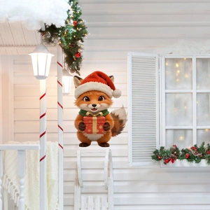 Detail of cute cartoon Christmas fox wall sticker with gift box on white background