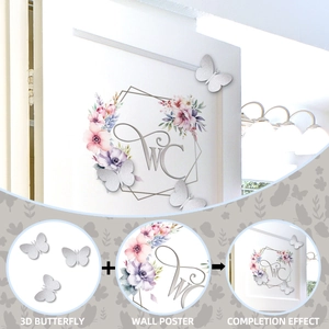Detail of 3D silver butterfly stickers and floral WC wreath wall decal for home decor