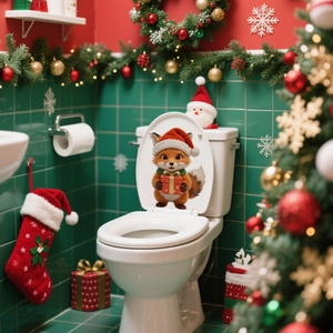 Detail of Christmas wall sticker featuring a cute fox with a gift box on a festive background