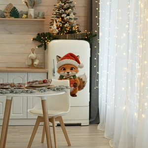 Detail of 3D cartoon Christmas fox wall sticker on a white fridge in a cozy kitchen