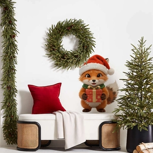 Detail of 3D cartoon Christmas fox wall sticker with red gift box in a cozy festive room