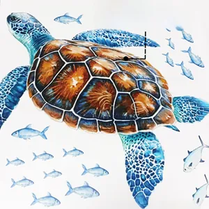 Watercolor sea turtle and swimming fish wall decals with self-adhesive backing details