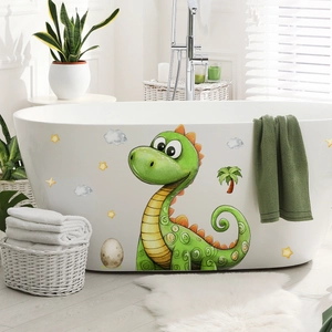 Cute green cartoon dinosaur wall sticker with stars and clouds for kids' bathroom decor