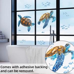 Detailed watercolor sea turtle stickers on bathroom window with adhesive backing detail