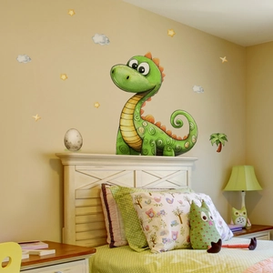Detailed view of hand-painted watercolor dinosaur wall stickers in a cozy nursery room decor