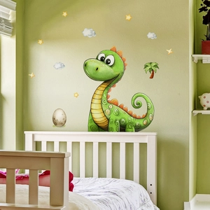 Cartoon green dinosaur wall sticker set for nursery decor with palm tree and stars