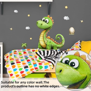 Detail of green cartoon dinosaur wall sticker with stars and A3 size specifications