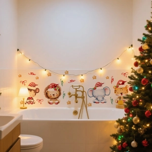 Cozy Christmas wall stickers with watercolor animals on white tiles near a festive tree