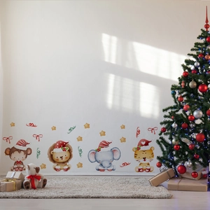 Detailed view of Christmas cartoon animal wall stickers with cute monkey, lion and elephant