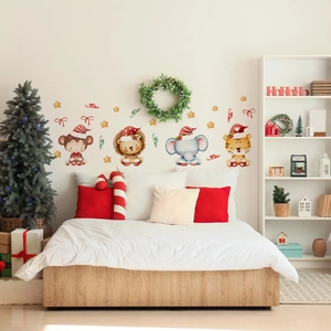 Detail of Christmas animal wall stickers with watercolor lion and elephant on nursery wall