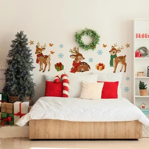 Detailed Christmas wall decals with cartoon reindeer and colorful snowflakes on bedroom wall