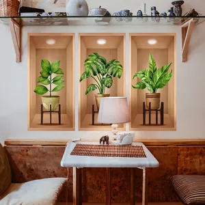 3D Visuelle Grüne Topfpflanzen Wandaufkleber Realistische Holznische PVC Wasserdichte Selbstklebende Wandtattoos Für Wohnzimmer Schlafzimmer Home Decor