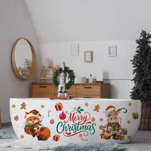 Close-up of cute Christmas squirrel and fox stickers on white bathtub surface
