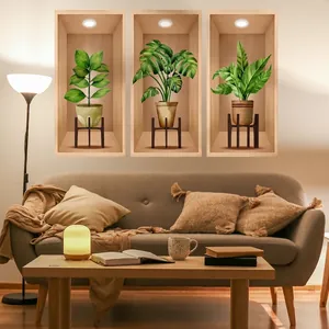 Set aus 3D-Wandtattoos mit kreativen Topfpflanzen in realistischen Holznischen und LED-Optik