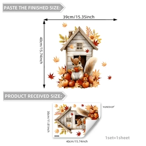 Detail of squirrel and pumpkin window decals with dimensions and layout for easy application
