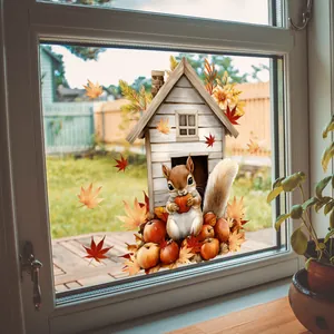 Detail of autumn window stickers featuring a cute squirrel with apples and maple leaves