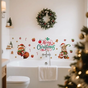 Detail showing Christmas wall stickers with foxes and rabbits on bathroom tiles