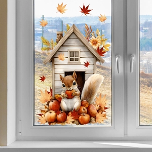 Detail of autumn window clings featuring a cozy cabin, squirrel, and maple leaves decor