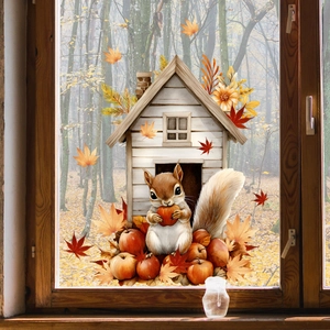 Autumn Window Clings Static PVC Sticker Squirrel Maple Leaf Pumpkin Cat Removable Double Sided Glass Decor Home