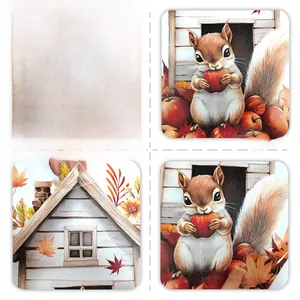 Detail view of double-sided autumn static stickers featuring cozy forest cabin and squirrel
