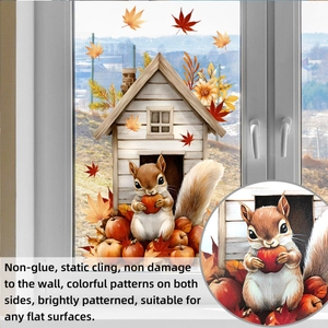 Detail of static cling autumn window sticker showing a squirrel and maple leaves on glass
