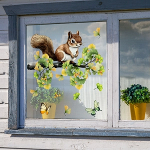 Detailed realistic squirrel and leaf static window decals on a rustic glass frame
