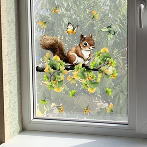 Squirrel and ginkgo leaf window static stickers for autumn home glass decoration
